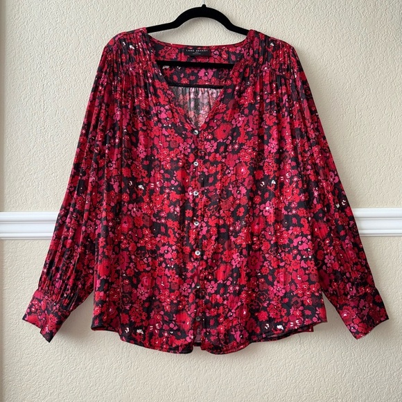 Lane Bryant Ruched Button-Front Knit & Woven Blouse Red Floral Plus Size 14/16 - Picture 1 of 11
